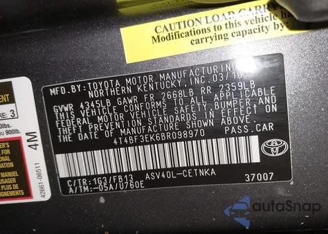 2011 Toyota Camry Le from USA, damaged, VIN 4T4BF3EK6BR098970